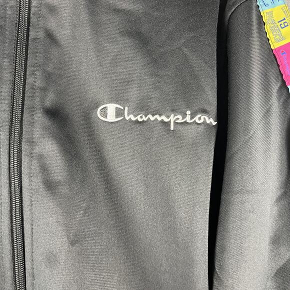 Champion Tricot Track Jacket Mens Medium Black Full Zip Colorful Logo Sporty - Picture 5 of 16